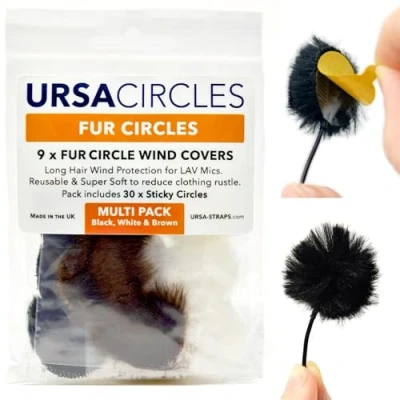 Image of URSA Fur Circles Mini Windshields for Lavalier/Lapel Microphones. Reduce Wind Noise &amp; Clothing Rustle. Compatible with Sennheiser, RODE, Sanken, Tascam More (9x + 30x Stickies, Multipack)