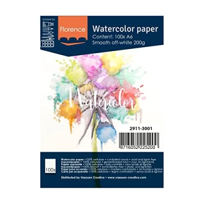 Image of Vaessen Creative Florence Hot Pressed Watercolour Paper A6, Ivory, 200 GSM, Artist Grade Quality, Smooth Surface, 100 Sheets for Painting, Hand Lettering, Art Projects