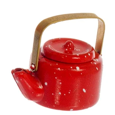 Image of Melody Jane Dolls House Red Spotted Kettle Miniature 1:12 Scale Metal Kitchen Accessory