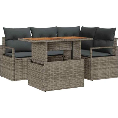 Image of vidaXL 5 Piece Garden Sofa Set with Cushions Grey Poly Rattan Acacia
