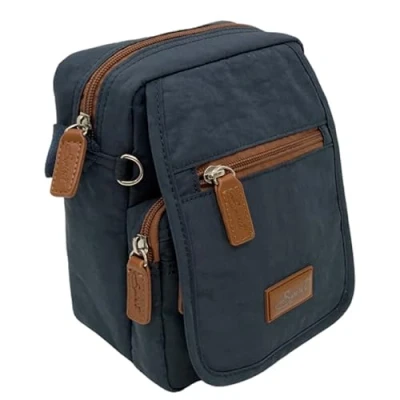 Image of Spirit Nylon Waterproof Crossbody Bag Unisex Lightweight Travel with Multiple Sections and Adjustable Strap Navy Tan Bag, Small Size