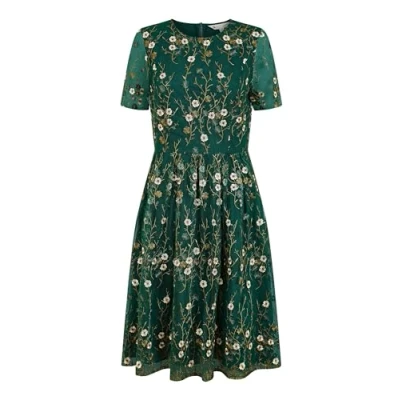 Image of Yumi Green Embroidered Floral Skater Dress 12