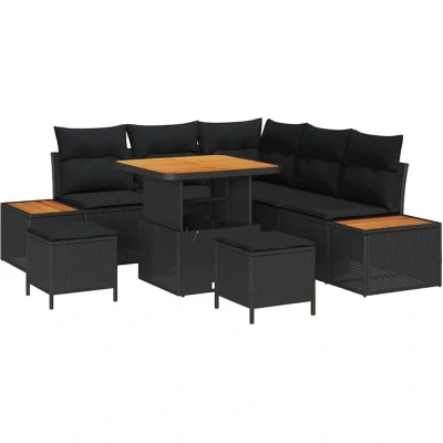 Image of vidaXL 8 Piece Garden Sofa Set with Cushions Black Poly Rattan Acacia