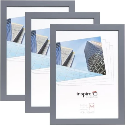 Image of Hampton Frames ZURICH A4 (21x30cm) Pack of 3 Grey Poster Photo Frame Acrylic (Non Glass) Front ZURA4GRY PK3