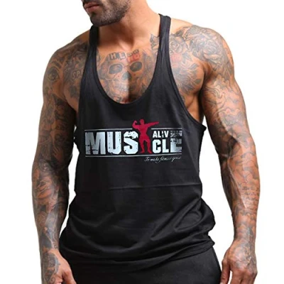 Image of Musclealive Mens Bodybuilding Tank Top 2cm Strap Stretchy Cotton Ma Black S (Chest 37 Inch)