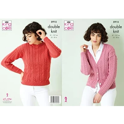 Image of King Cole Ladies Double Knit DK Knitting Pattern Cable Sweater &amp; Cardigan (5915)