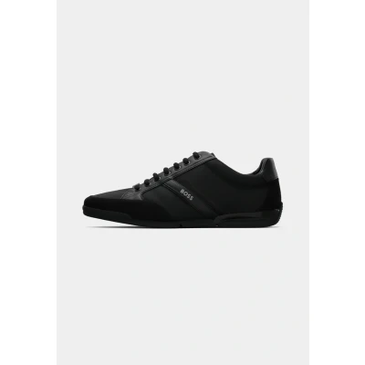 Image of Boss Orange Saturn Mens Low Profile Mixed Material Trainers With Suede and Faux Leather Black Nappa Size UK 9