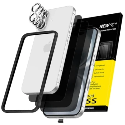 Image of NEW&#039;C 3x Privacy for iPhone 16 Screen Protector (6.1 inches)+ Camera Lens Protector, Sensor Protection, Case Friendly Tempered Glass Film + Dust Plug Easy installation tool included