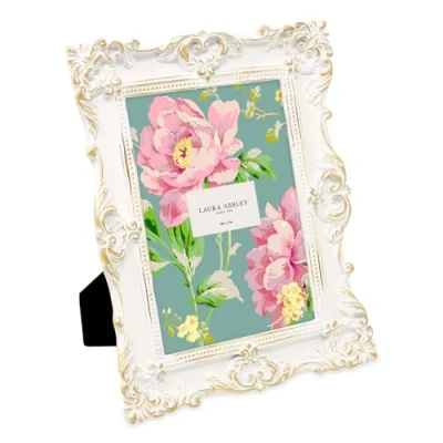 Image of Laura Ashley 5x7 White &amp; Gold Ornate Textured Hand Crafted Resin Picture Frame w/Easel Hook for Tabletop Wall Display, Decorative Floral Design Home Décor, Photo Gallery, Art (5x7, White/Gold)