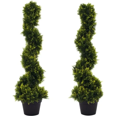 Image of Outsunny Set Of 2 90cm/3FT Artificial Spiral Topiary Trees w/Pot Fake Indoor Outdoor Greenery Plant Home Office Garden Décor Green