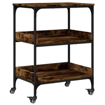 Image of vidaXL Kitchen Trolley in Smoked Oak Engineered Wood 60x41x80.5 cm with Steel Frame, Lockable Wheels, and Ample Storage