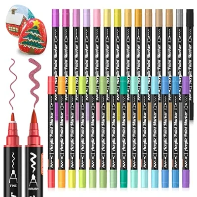 Image of Shuttle Art Dual Tip Metallic Acrylic Paint Pens, 28 Colours Fine &amp; Brush Marker Pens for Rock Painting, Ceramic, Wood, Fabric, Pen Set Kids Adults on Christmas Easter