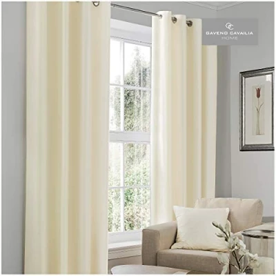 Image of Gaveno Cavailia Luxury Thermal Fully Lined Pair of Eyelet BLACK OUT CURTAINS Cream 90x90 In