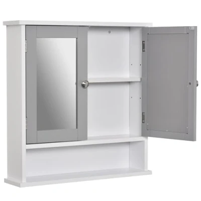 Image of kleankin Mirror Cabinet Wall Mounted with Double Mirrored Doors, Hanging Cupboard and Shelf, Bathroom Storage Organizer, Grey