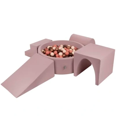 Image of KiddyMoon Foam Playground For Kids With Round Ballpit (300 Balls ∅ 7Cm/2.75In) Soft Obstacles Course And Ball Pool, Heather: Brown/Copper/Pastel Beige/Salmon
