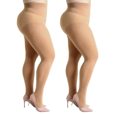 Image of MANZI Women&#039;s 2 Pairs Plus Size Control Top Ultra Soft Tights 20 Denier Tan XXXXL