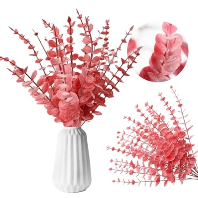 Image of RHQFDM 30 Pieces Artificial Eucalyptus Branches Leaves Decoration 38cm Red Plastic for Weddings,Gardens,Office Decorations