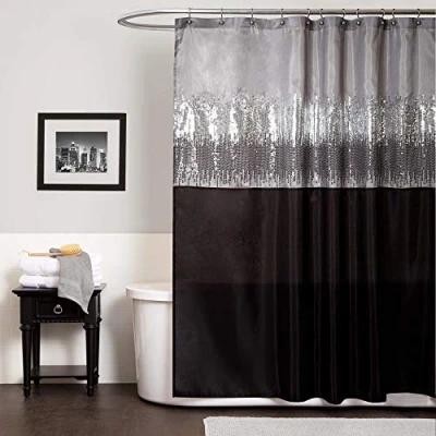 Image of Lush Decor Night Sky Shower Curtain, Single, 72&quot; W x L, Black &amp; Gray Sequin Curtain Sparkly Color Block Bath Modern Glam Bathroom