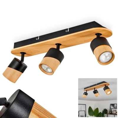 Image of Ceiling lamp Blondo, Made of Metal/Wood in Black/Nature, Adjustable spotlights, 3 x GU10, Without Bulbs