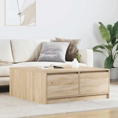 Image of vidaXL oak engineered wood square coffee table with drawers 100x100x40 cm versatile center piece for living room/office