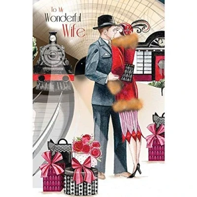 Image of Art Deco Lady &amp; Gent Kissing by Steam Train Wife Birthday Card