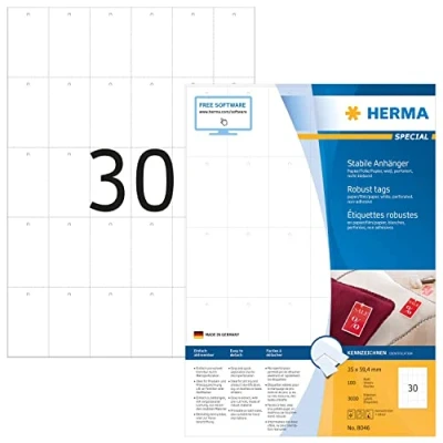 Image of HERMA Printable Tags, 30 Pieces Labels per A4 Sheet, 100 Sheets, 35 x 59.4 mm, 3000 Pieces, Blank Rectangle Price Perforated Jewellery Hang Tags for Laser &amp; Inkjet Printer, White