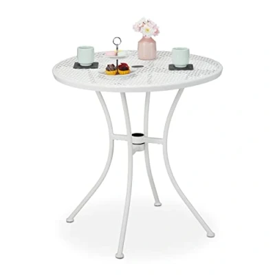 Image of Relaxdays Garden Table, with Umbrella Hole &amp; Plug, Steel, 72 x 70 cm, Round Outdoor Furniture, Patio Balcony, White