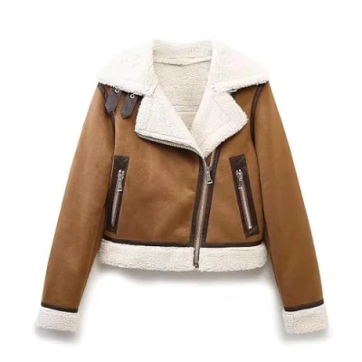 Image of BTAISYDE Womens Sheepskin Flying Jacket Shearling Aviator Coat Casual Lambswool Biker Motor Coat,Brown,M