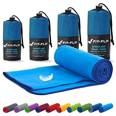 Image of Fit Flip Camping towel ultra lightweight &amp; compact microfibre quick dry sports for gym the perfect beach, travel swim (40x80cm blue dark edge)