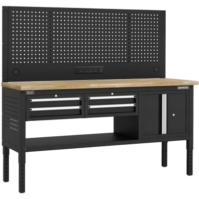 Image of Superline Pro Modular Workbench with 4 Drawers &amp; Cupboard Wooden Worktop 1830mm