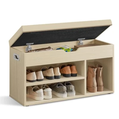 Image of VASAGLE Shoe Bench with Cushion, Storage Padded Seat, 3 Compartments, Hidden Storage, Shelves, Living Room Lounge Hallway Bedroom, Load Capacity 150 kg, Natural Beige LHS030K03