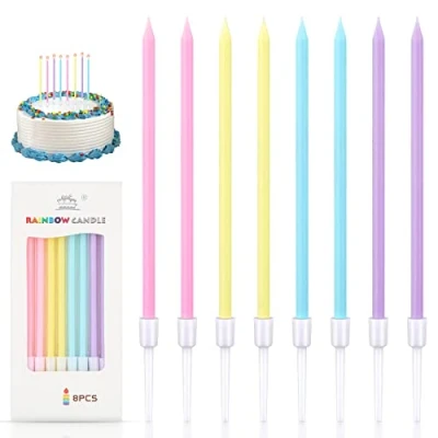 Image of DONQL Birthday Cake Candles, 16Pcs Tall Pastel Long Thin Cupcake Candles with Holders for Baby Shower Wedding Party Decoration