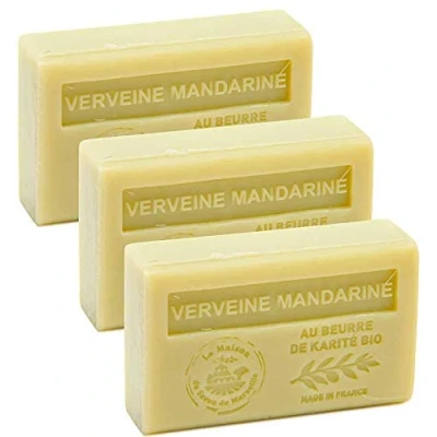 Image of Maison du Savon de Marseille French Soap made with Organic Shea Butter Verbena Mandarin Fragrance 125 Gram Bars Set of 3