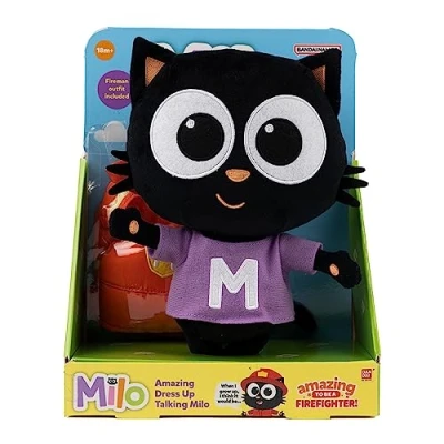 Image of Milo Black Cat Plush Toy 25cm Amazing Dress Up Soft Toys with Changeable Firefighter Outfit Interactive Kawaii Sounds and Phrases Cute Anime Talking Teddy Bear for Boy Girl