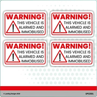 Image of Landing Designs 4 x WARNING THIS VEHICLE IS ALARMED AND IMMOBILISED CAR SAFETY VINYL STICKERS