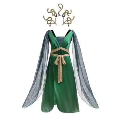 Image of Lito Angels Medusa Fancy Dress Up Halloween Costume with Gold Snakes Headband for Kids Girls Age 5 6 Years, Green