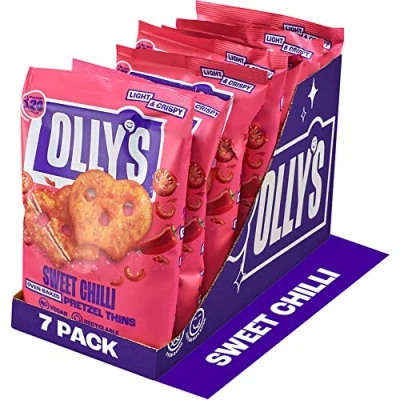 Image of Olly&#039;s Pretzel Thins, Sweet Chilli, 140g (Pack of 7), Handy Snack Pouches, Healthy Plant Based Vegan Snacks for Dipping, Low Calorie Snacks, Fat, Source Fibre, No Preservatives