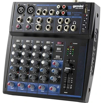 Image of Gemini Sound Gem 08USB Compact 8 Channel Analogue Mixer Including 2 Mic Channels, 3 Band EQ, USB Playback From Devices, And Bluetooth Streaming