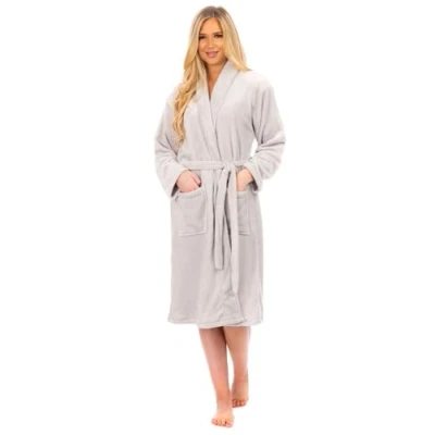 Image of Adore Home Ladies Flannel Fleece Bathrobe Soft &amp; Warm Dressing Gown Bath Robe Shawl Collar, Silver, 2XL 3XL