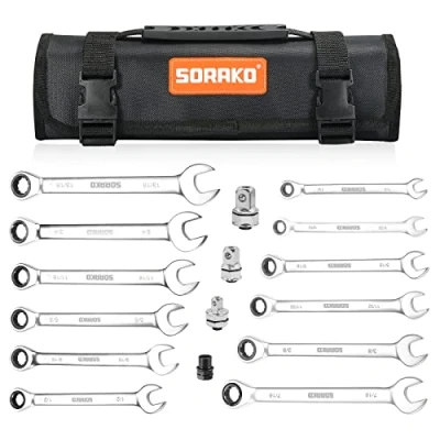 Image of SORAKO 12 Piece Ratcheting Wrench Set, SAE 1/4 13/16 Chrome Vanadium Steel Wrenches, Combination Set for Car Repair and Household Equipment with Handbag