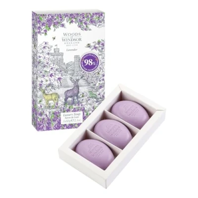 Image of Woods of Windsor Lavender Soap Bars, Moisturising Bar with Shea Butter, Vegetable Based Fine Milled Notes Patchouli and Musk, Hand Body Soap, Scent 3 x 60g