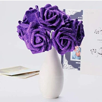Image of Tutoy 7Pcs Artificial Bouquet Glitter Foam Flowers Wedding Bridal Party Decor DIY Rose Purple