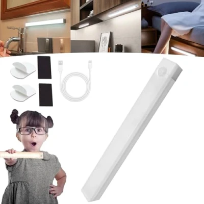 Image of Punch Free Smart Sensor Magnetic Rechargeable Led Lights, Motion Activated Cabinet Light Indoor, Under Bedroom Stair Lighting Wireless Indoor (White,20CM)