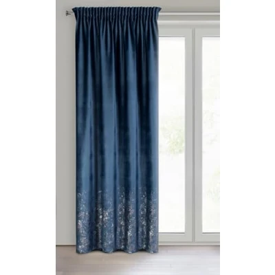 Image of Eurofirany MIRELA Velvet Curtain, Curtain with Ruffle Tape, 1 Piece, Golden Pattern, Blackout, Glamour, Elegant for Living Room, Bedroom, 140 x 270 cm, Dark Blue