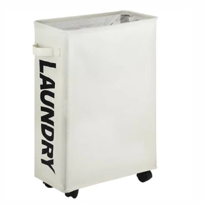 Image of Easy Funny Slim Rolling Laundry basket On Wheels Waterproof Foldable Corner Storage Bins Flexible Collapsible Bag Sorter 39x18.5x58cm(Beige)