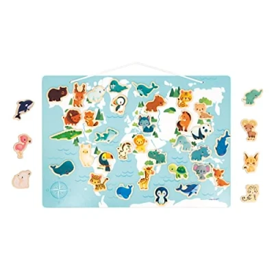 Image of Janod Minikids Magnetic World Puzzle 40 FSC Wood Magnets 1 Poster Included Educational Game Baby Animal 24 Months +, J05468