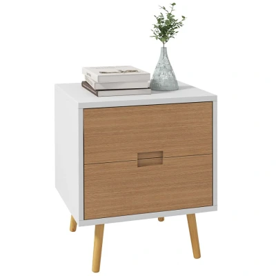 Image of HOMCOM Bedside Table, Modern Nightstand with 2 Drawers, Small Sofa End Table Storage and Solid Wood Legs for Bedroom, Living Room, Brown