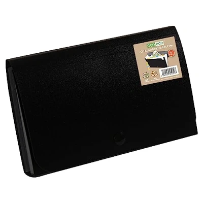Image of eco A6 50% Recycled 6 Clear Pocket Black Cover Expanding File Receipt, Bills, Cards Organiser Document Folder Colour Index Tabs