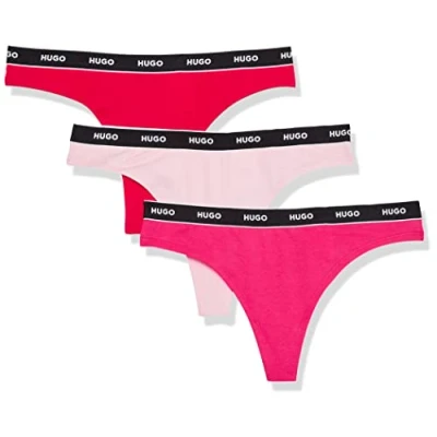 Image of HUGO Women&#039;s 3 Pack Repeat Logo Cotton Stretch Thongs Panties, Red/Fuscia/Pale Pink, L