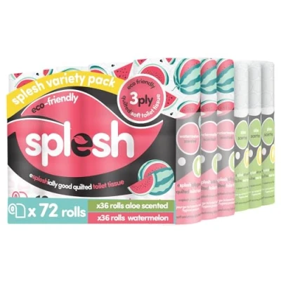 Image of Splesh by Cusheen 3 ply Toilet Roll Soft, Quilted Bulk Rolls, Eco Friendly Tissue Loo Made in UK 72 Rolls (Aloe 36s) &amp; (Watermelon